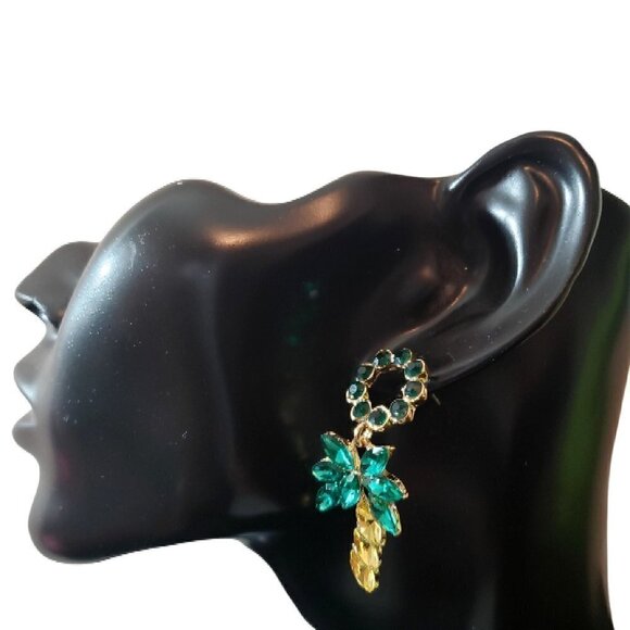 Womens Green Yellow Pineapple Palm Tree Rhinestone Dangling Earrings Jewelry - Picture 3 of 7